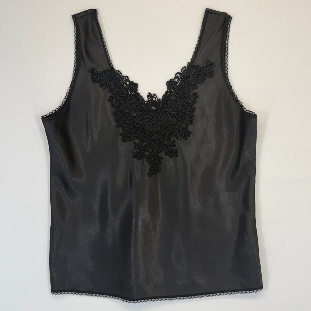 Escapades Tank Top Women's Black Satin Medium Floral Lace Polyester Camisole
